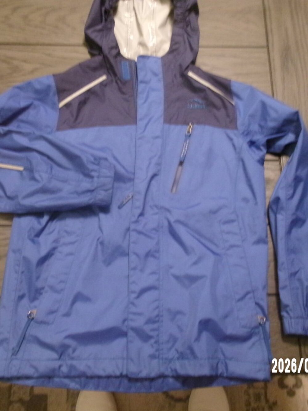 LL Bean Kids Size 8 Nylon Trail Rain Coat Blue Jacket Hooded Pockets Reflective